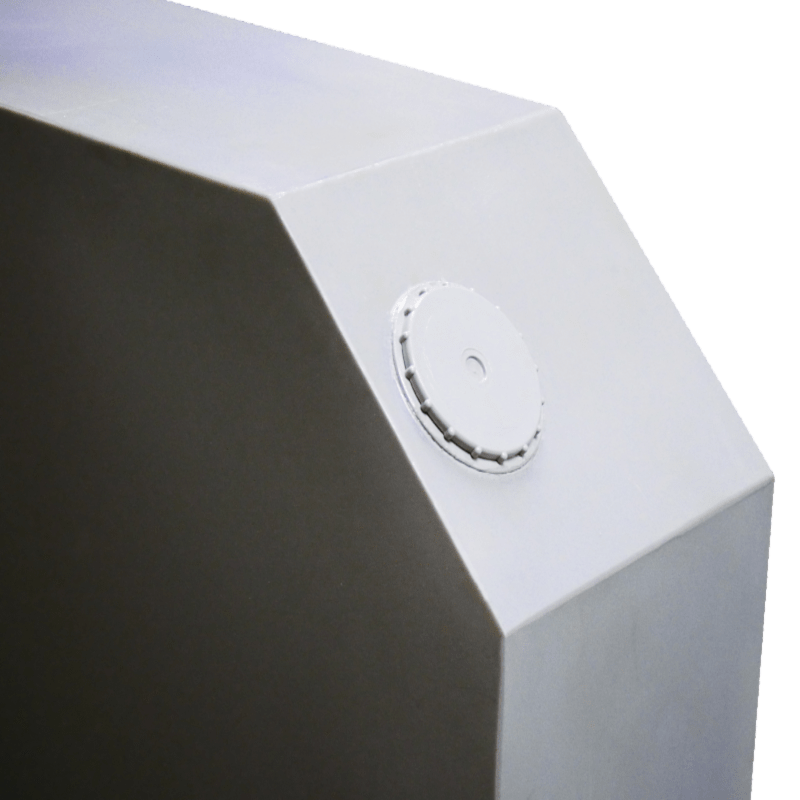 PolyJohn 154 Gallon Black Water Tank Closeup Side View Of Spin Well Pewter Gray Color