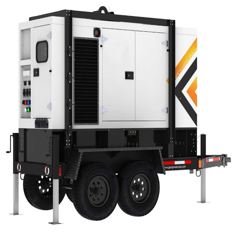GP 22kw towable mobile diesel generator trailer front right quick connection view