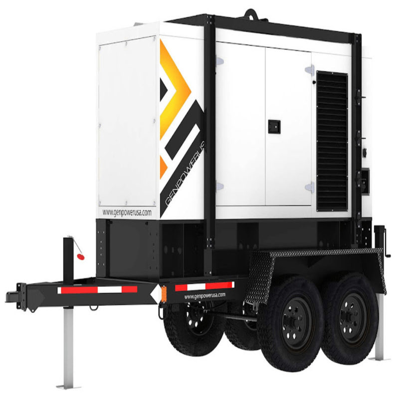 GP 22kw towable mobile diesel generator with trailer back left view