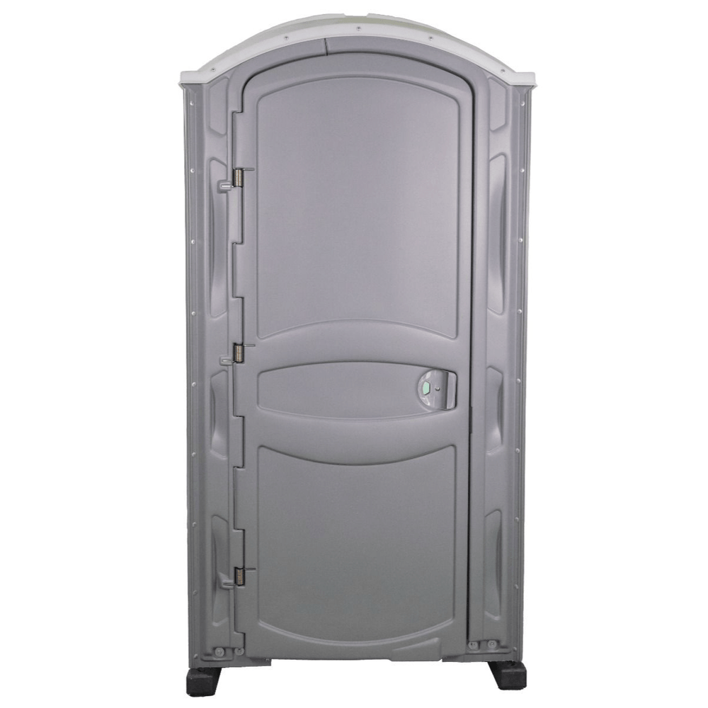 PolyJohn PJP4 Portable Restroom Fresh Flush Model In Pewter Gray Color Front View