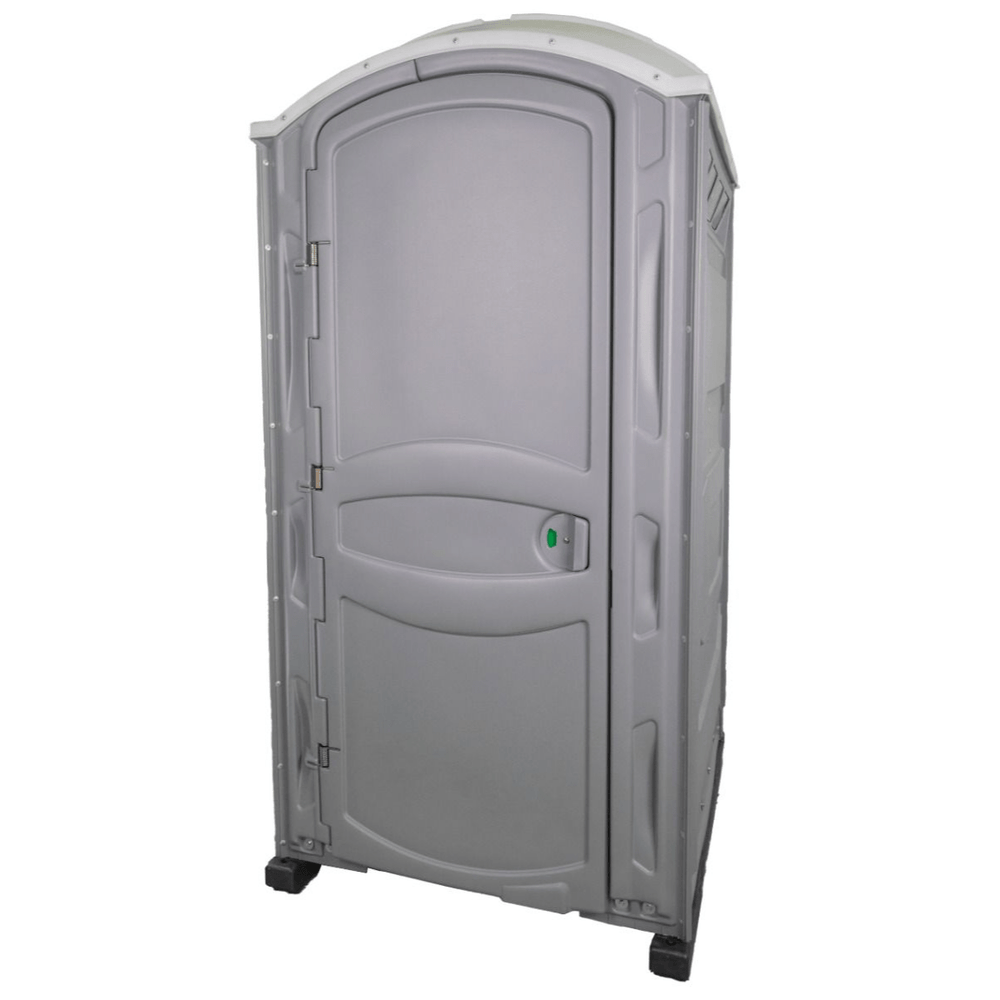 PolyJohn PJP4 Portable Restroom Recirculating Flush Model In Pewter Gray Front With Partial Vented Left Side View