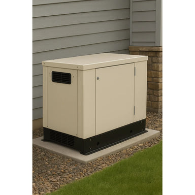 Home standby diesel generator in outdoor weatherproof enclosure installed next to a house on a concrete pad.
